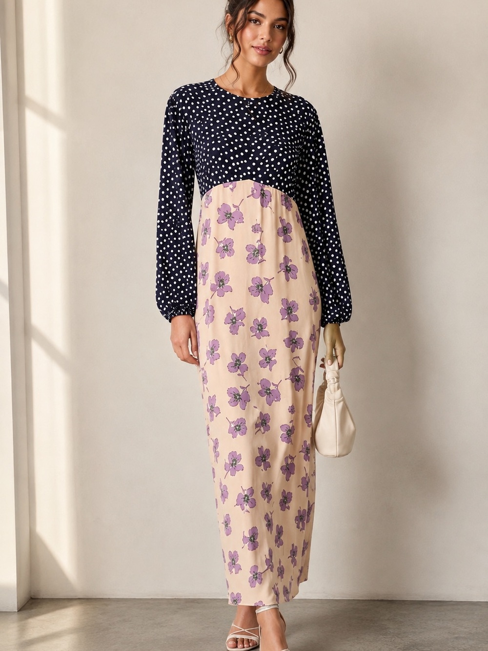 ASOS DESIGN Mixed Print Polka Dot Floral Maxi Dress Long Sleeve US 2 UK 6
